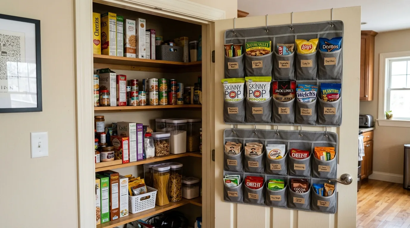 Pantry door with hanging storage organizers